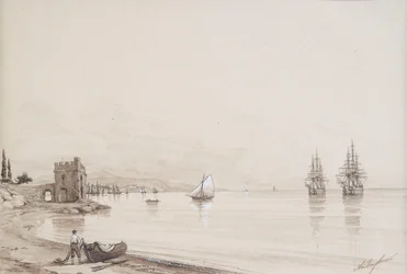 Blick in eine Meeresbucht mit zahlreichen Segelschiffen (Feodosia?)